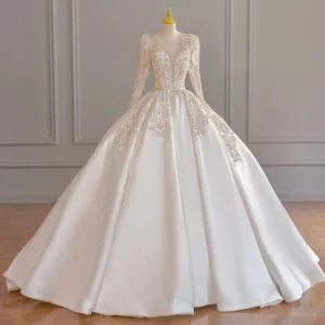 2026 New Satin Advanced Texture French Wedding Floor-Length Heavy Beaded Sleeves V-neck Appliques for Summer Bridal Court Main