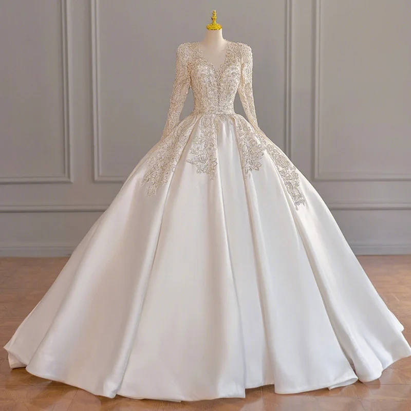 2026 New Satin Advanced Texture French Wedding Floor-Length Heavy Beaded Sleeves V-neck Appliques for Summer Bridal Court Main